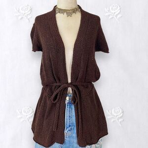 Early 2000's Whimsygoth Dark Brown Front Tie Knit Crochet Cardigan L 12 / 14